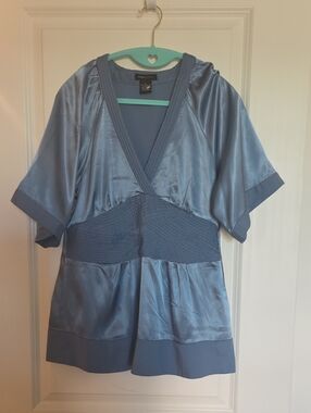 BCBGMaxAzria Satin Slate Blue V-Neck Pleated-Waist Blouse